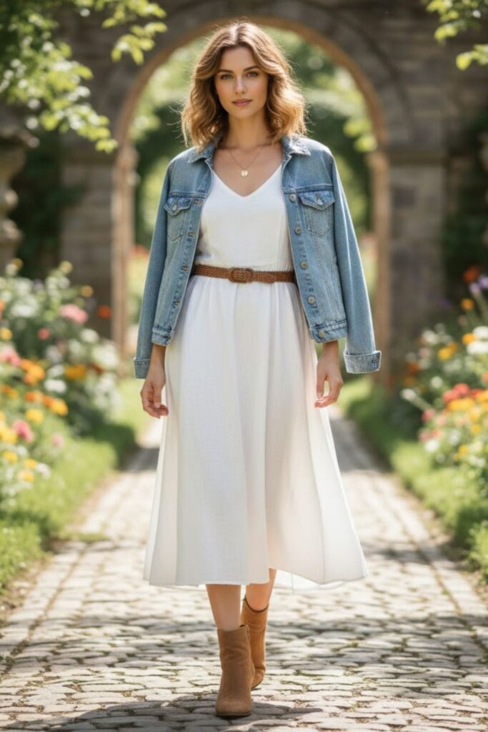 6. Light Brown Suede Boots with Denim Jacket and White Dress