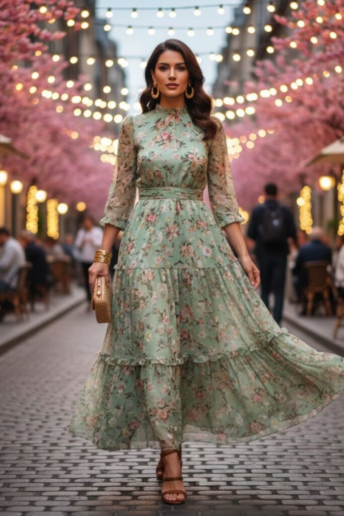 6. Printed Maxi Dress with Statement Jewelry