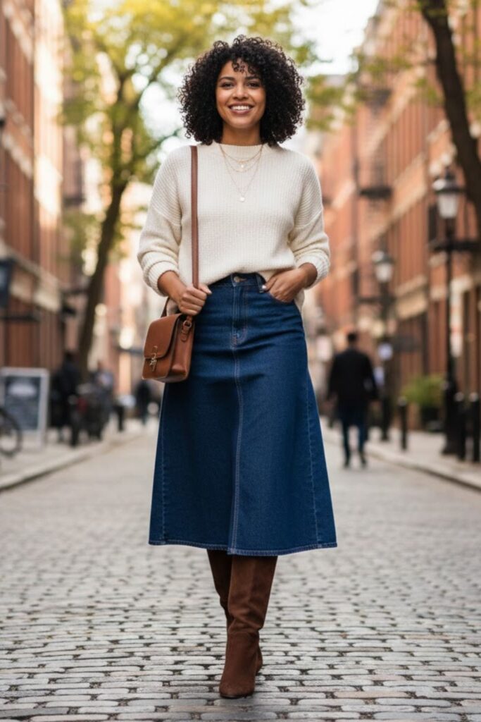 6. Suede Boots with Denim Skirt and Sweater