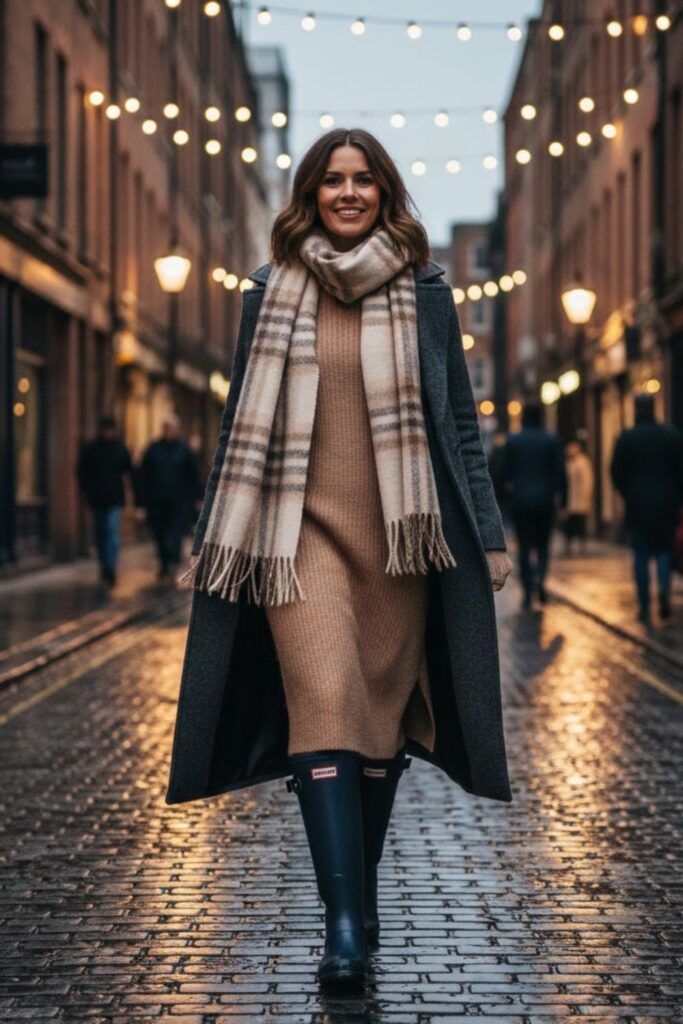 6. knee high hunter boots outfit with Knit Dress and Wool Coat