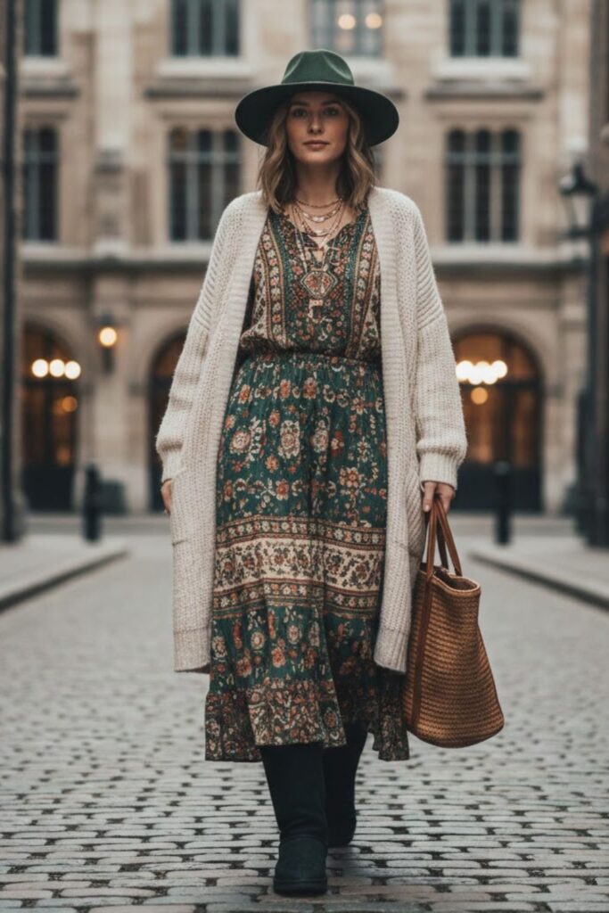 7. Boho Maxi Dress and Cardigan