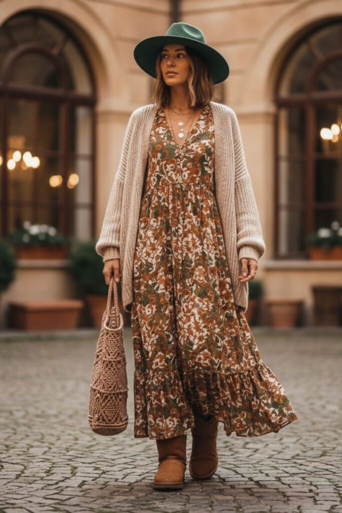 7. Boho Maxi Dress and Sherpa Boots