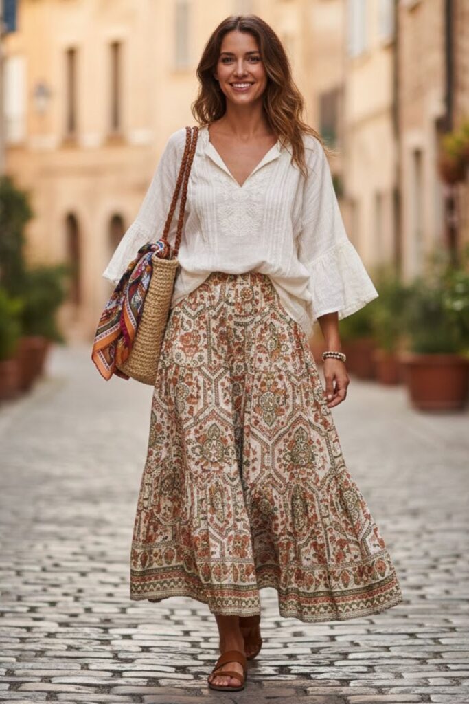 7. Boho Maxi Skirt with Loose Blouse