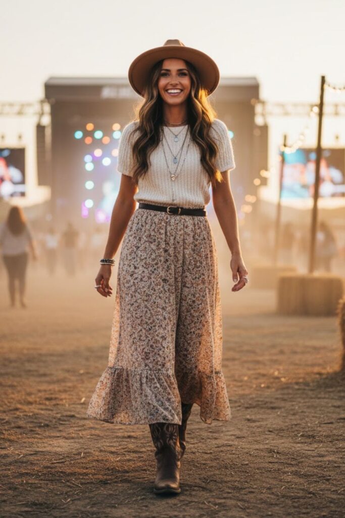 7. Country Concert Outfit Brown Boots with Maxi Skirt and Knit Top