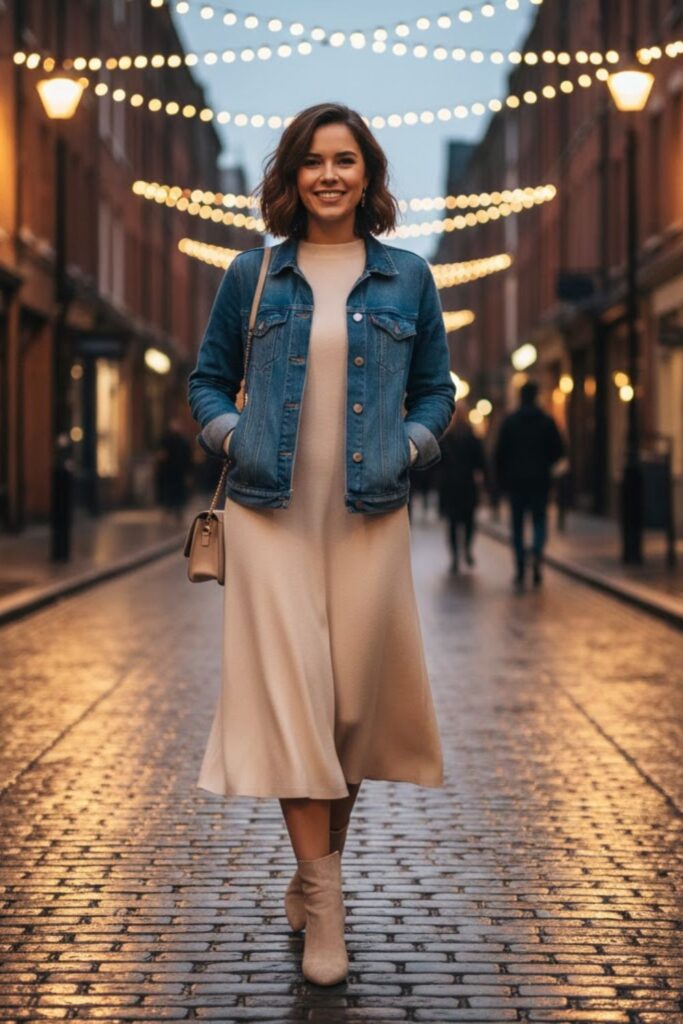 7. Cream Suede Boots with Denim Jacket and Soft Dress