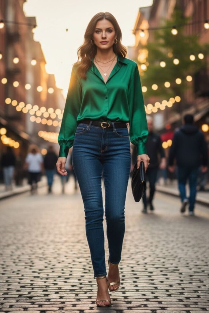 7. Dark Wash Jeans with Silk Blouse