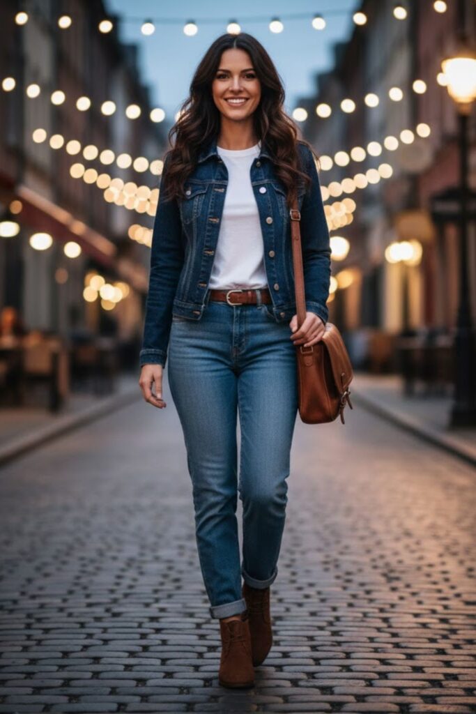 7. Denim-on-denim with brown suede boots outfit
