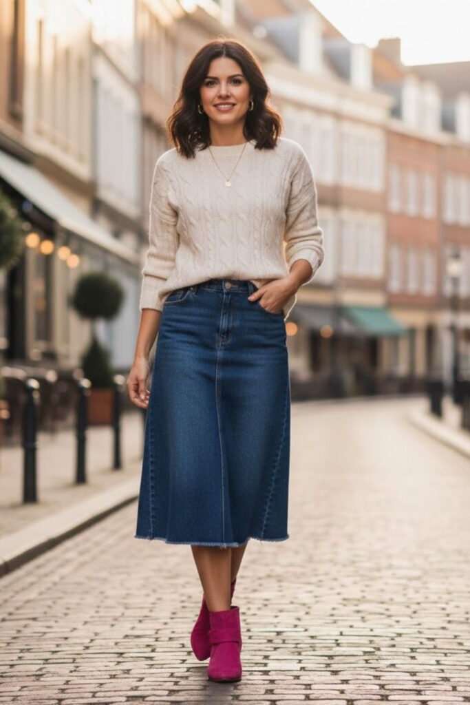 7. Denim skirt and knit top combination
