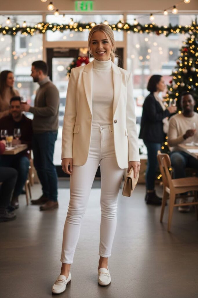 7. Ivory Blazer With White Jeans And Knit Top