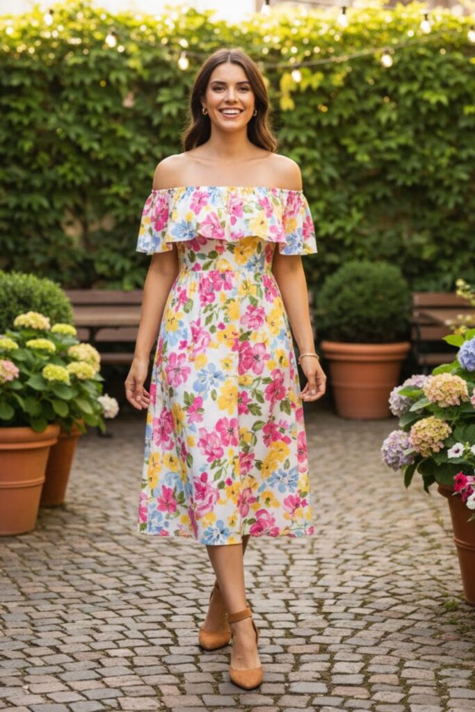 7. Off-Shoulder Dress with Block Heels