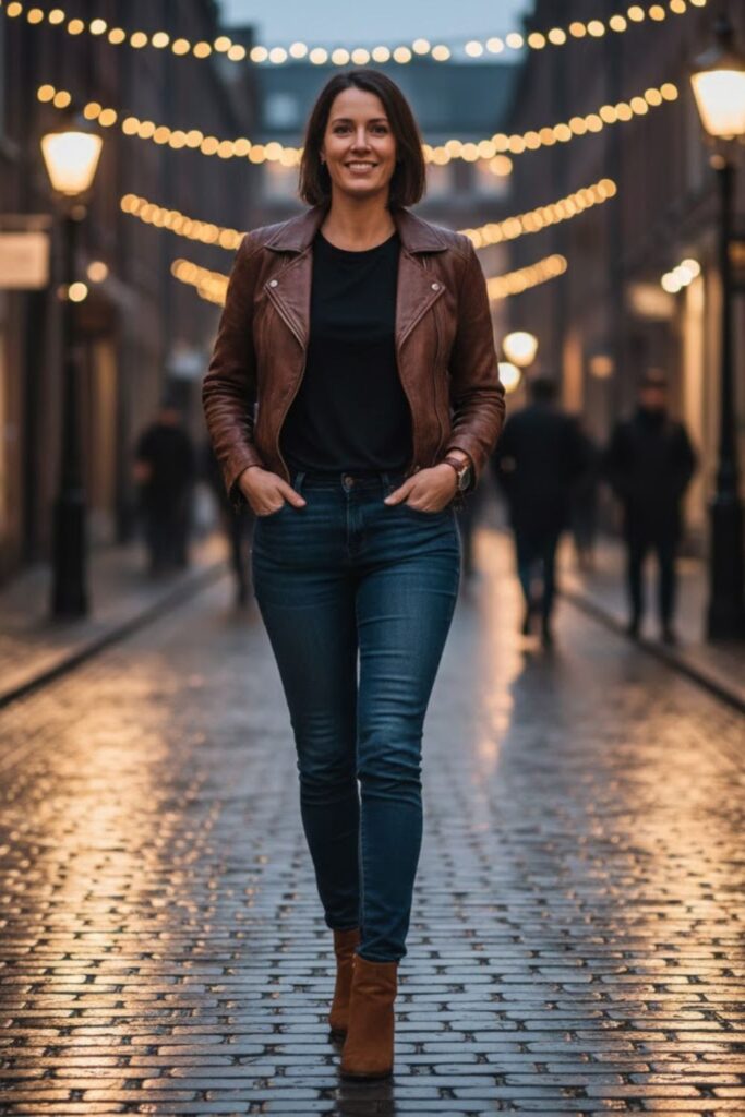 7. Rugged Look with Leather Jacket