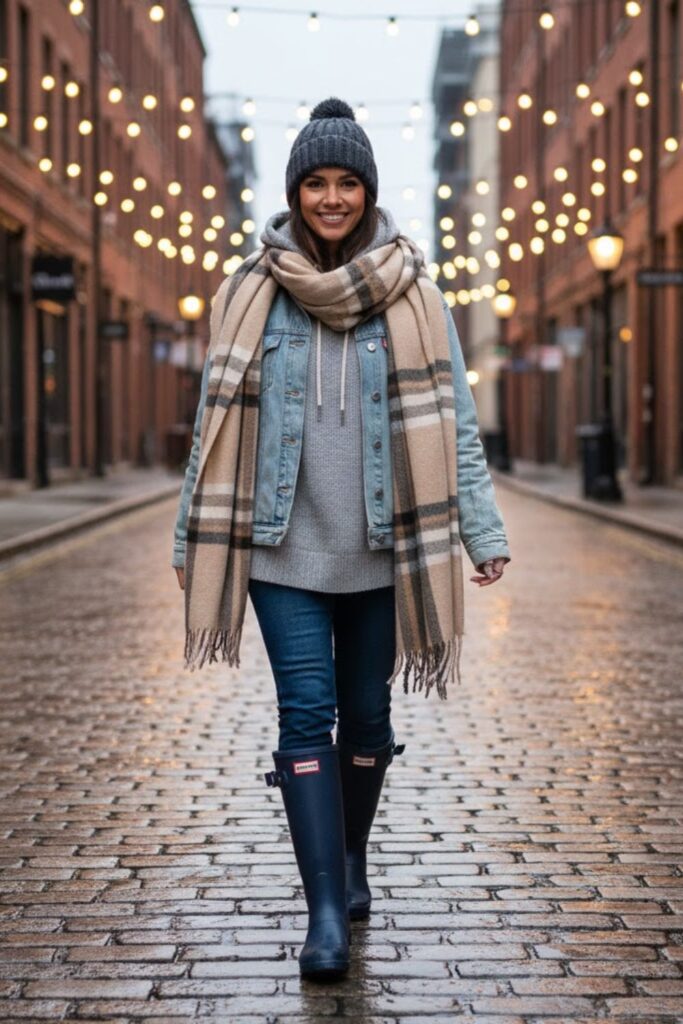 7. knee high hunter boots outfit with Denim Jacket and Layered Tops