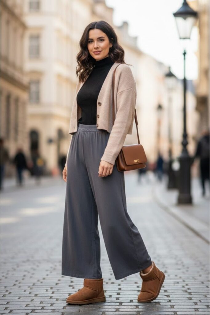 7. short ugg boots outfit with Wide-Leg Pants and Fitted Top