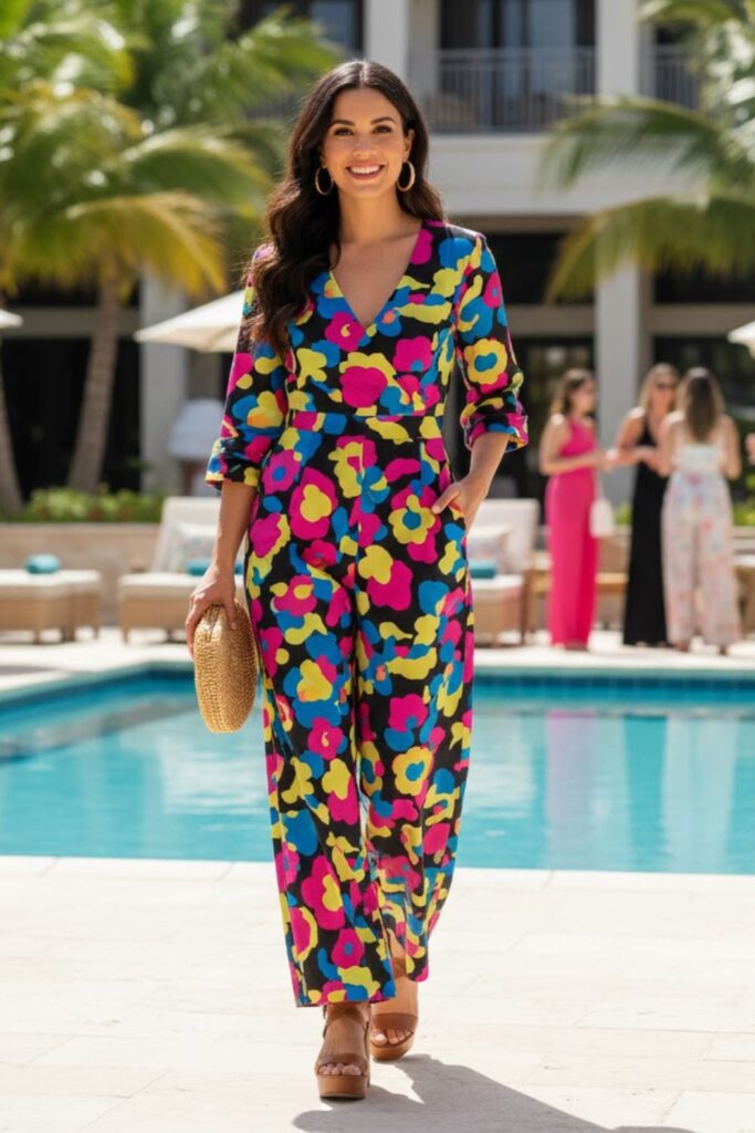 8. Bold Print Jumpsuit with Platform Sandals