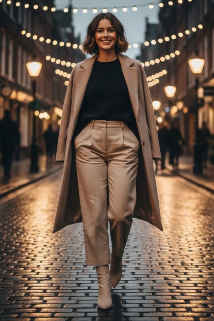 8. Cream Suede Boots with Wide-Leg Pants