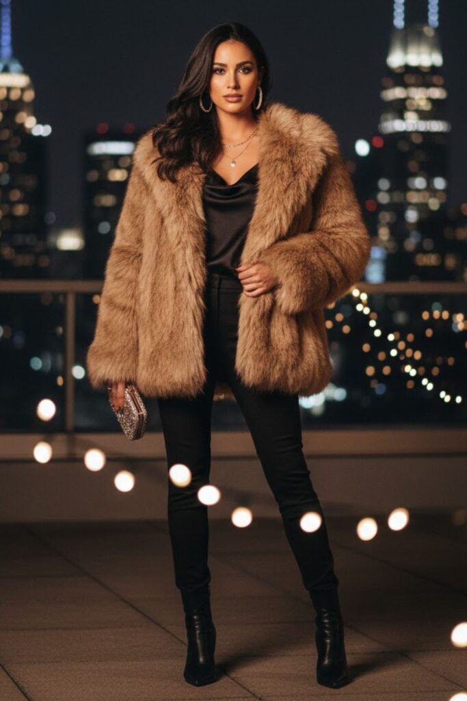 8. Faux Fur Jacket With Simple Base Outfit