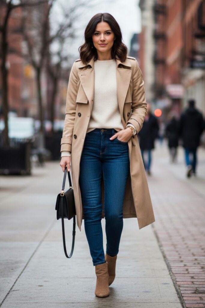 8. Light Brown Suede Boots with Trench Coat and Slim Jeans