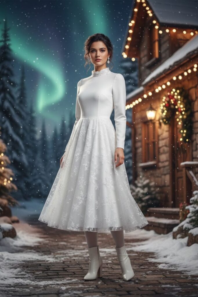 8. White Midi Dress With Tights And Heeled Boots