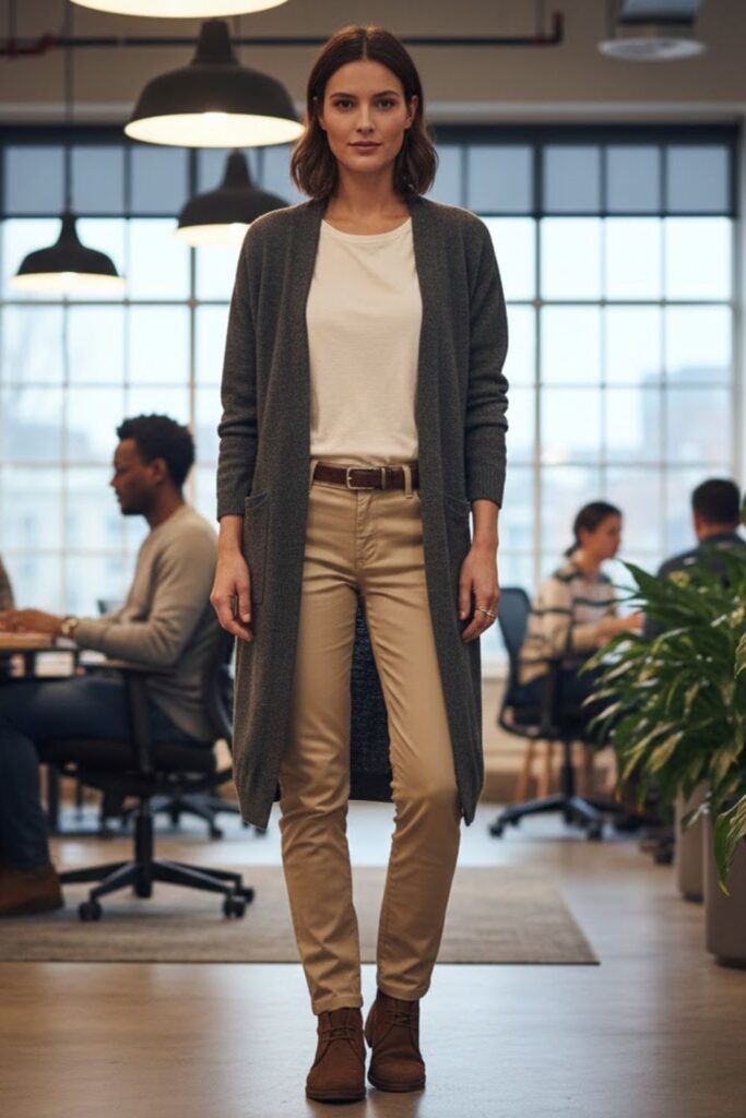9. Casual office layering with cardigan