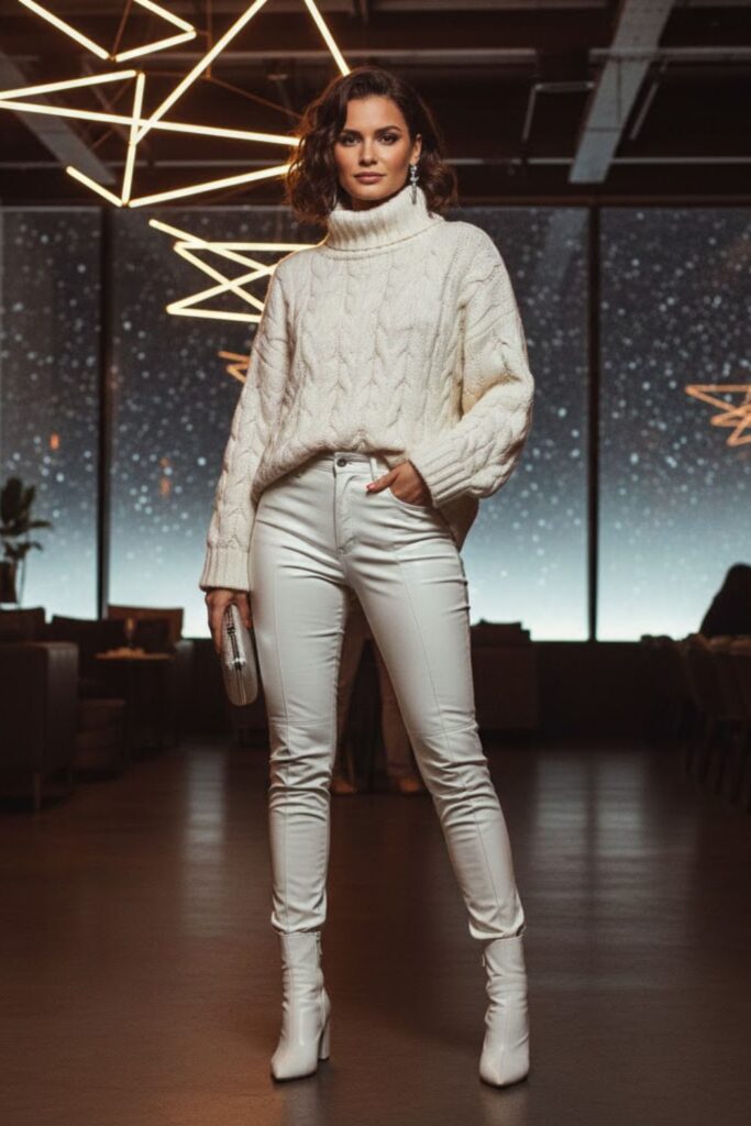 9. Chunky Knit Sweater With White Leather Pants