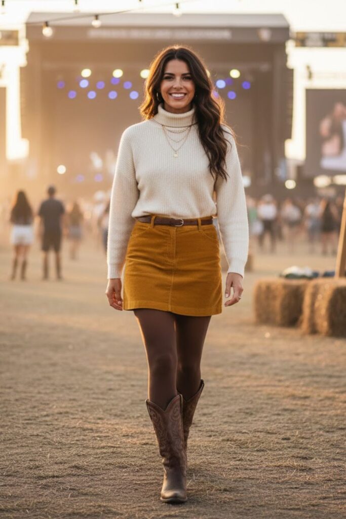 9. Country Concert Outfit Brown Boots with Corduroy Skirt and Turtleneck