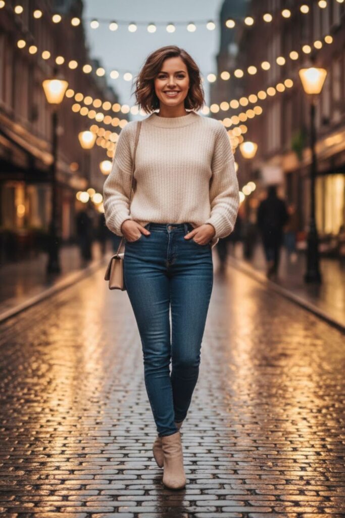 9. Cream Suede Boots with Chunky Knit and Slim Jeans