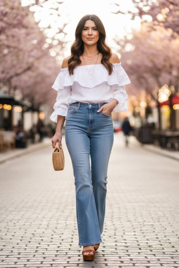 9. Flared Jeans with Off-Shoulder Top