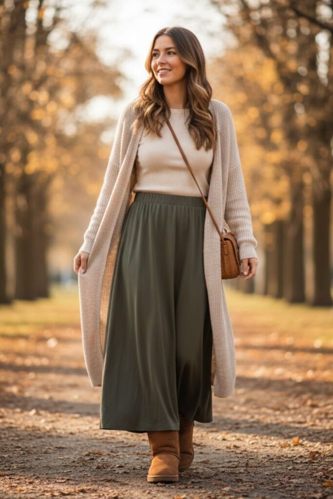 9. short ugg boots outfit with Maxi Skirt and Cardigan