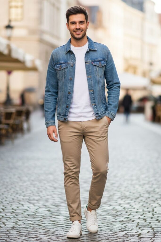 1. Casual Denim Jacket with White T-Shirt and Chinos