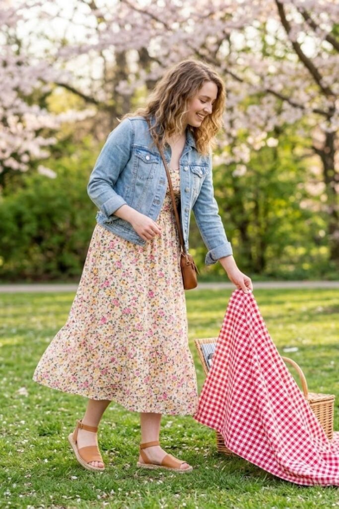1. Floral Midi Dress with Denim Jacket