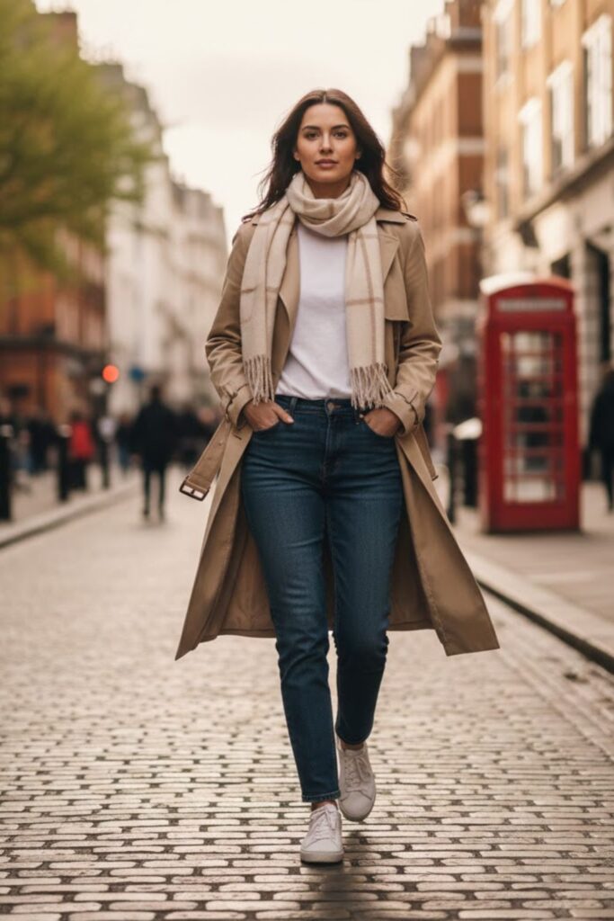 1. Trench Coat with Straight-Leg Jeans and Sneakers