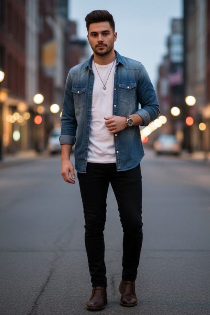 10. Denim Shirt with Black Jeans