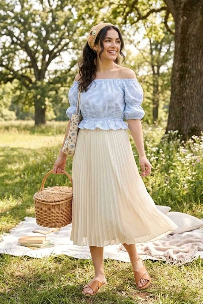 10. Off-Shoulder Top with Pleated Skirt