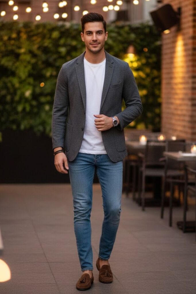 11. Casual Blazer with T-Shirt and Jeans