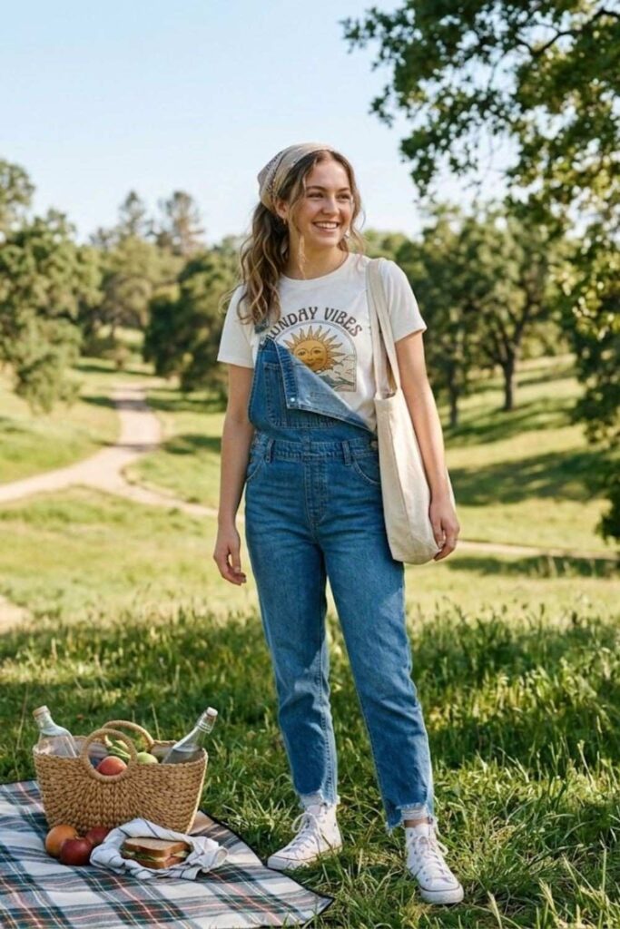 11. Graphic Tee with Overalls and Sneakers