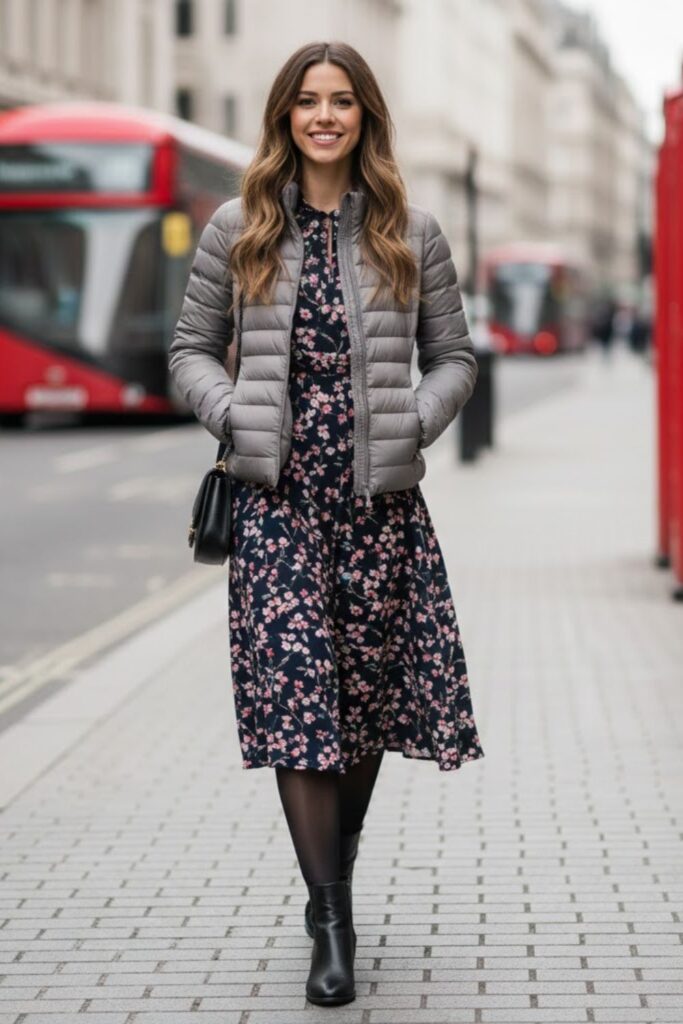 11. Light Puffer Jacket with Casual Dress