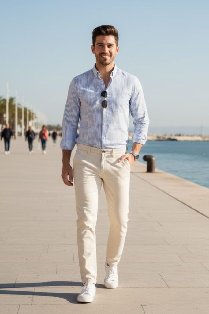 12. Striped Shirt with Neutral Pants