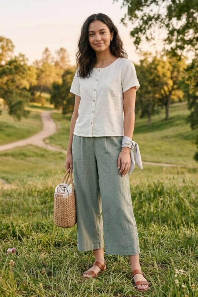 13. Linen Top with Culottes and Sandals