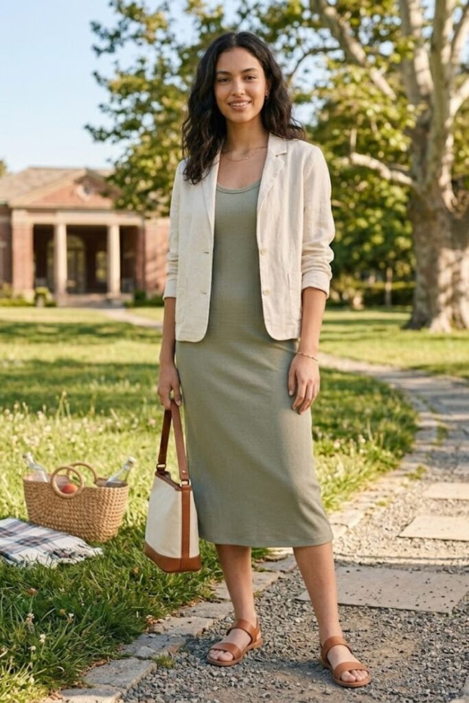 14. Tank Dress with Light Jacket and Flats