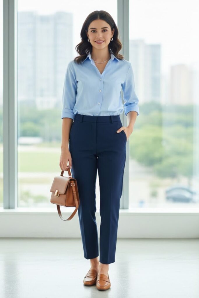2. Button-Up Shirt with Ankle Pants and Loafers