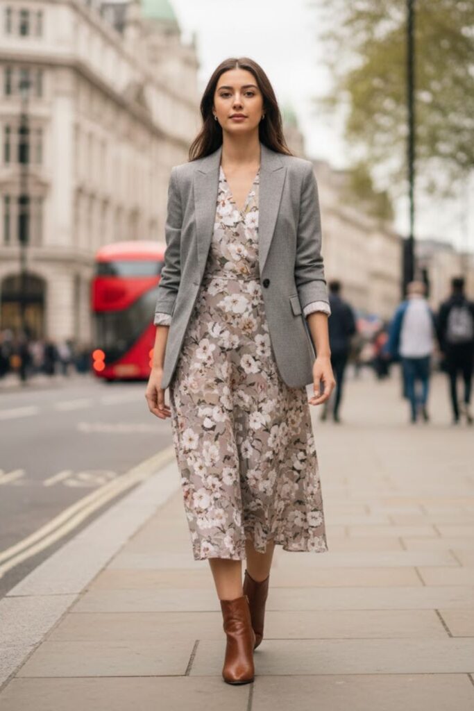 2. Lightweight Blazer with Midi Dress