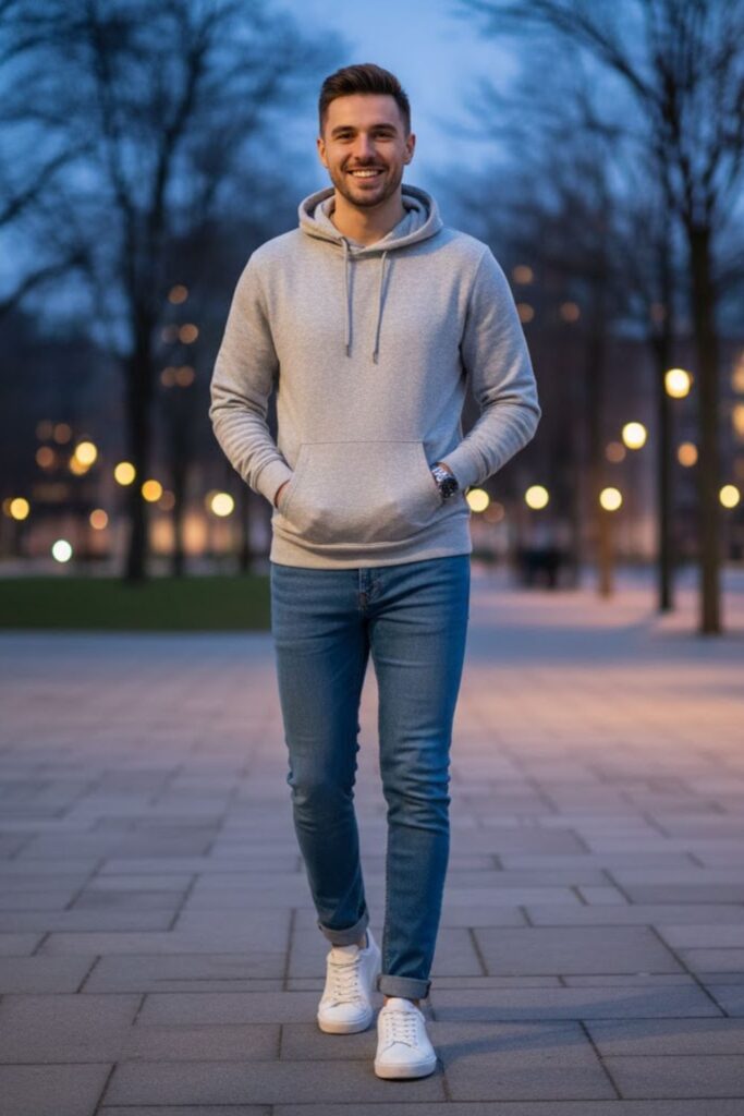 2. Lightweight Hoodie with Slim Jeans and Sneakers