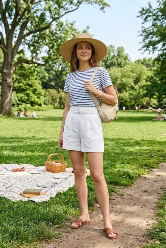 2. Striped Cotton Tee with High-Waisted Shorts