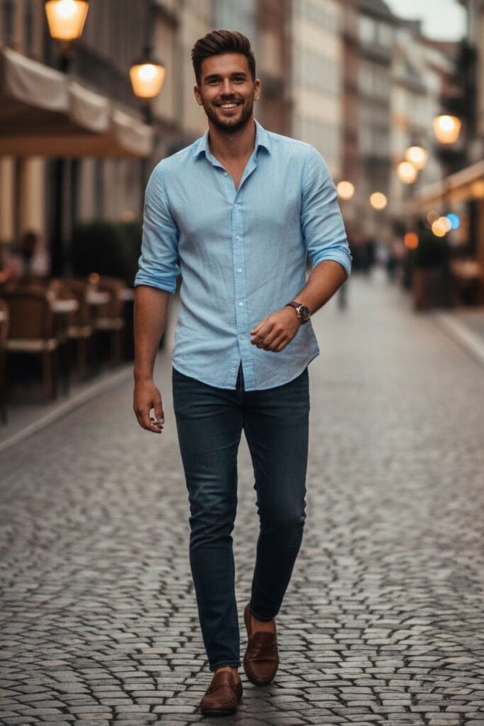 3. Button-Down Shirt with Rolled Sleeves and Dark Jeans