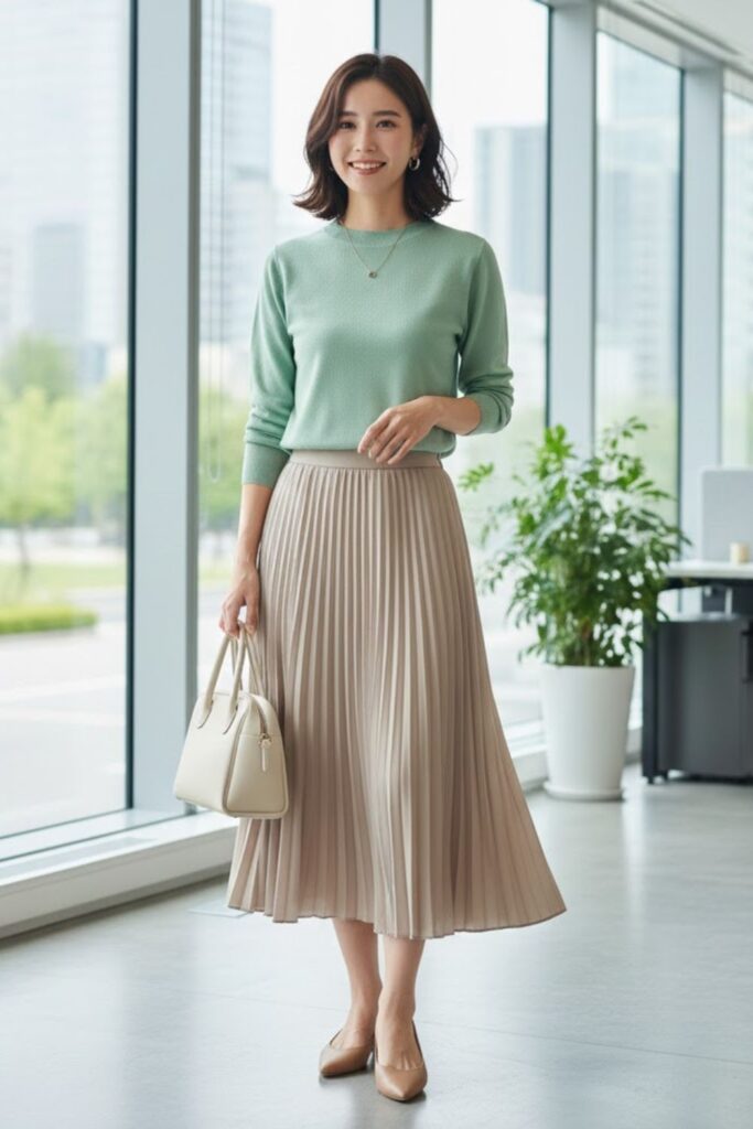 3. Midi Skirt with Lightweight Sweater and Flats