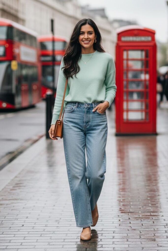 3. Wide Leg Jeans With Soft Pastel Sweater