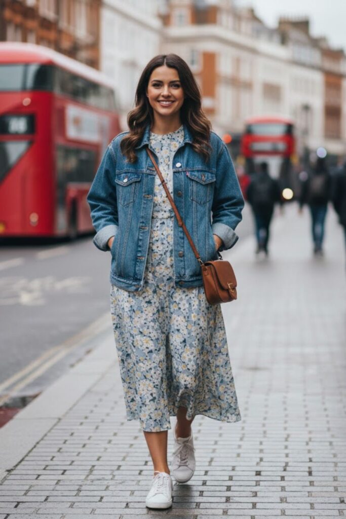 4. Denim Jacket with Floral Dress