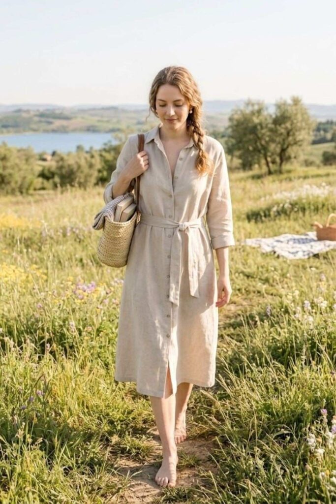 4. Linen Button-Down Dress with Sandals