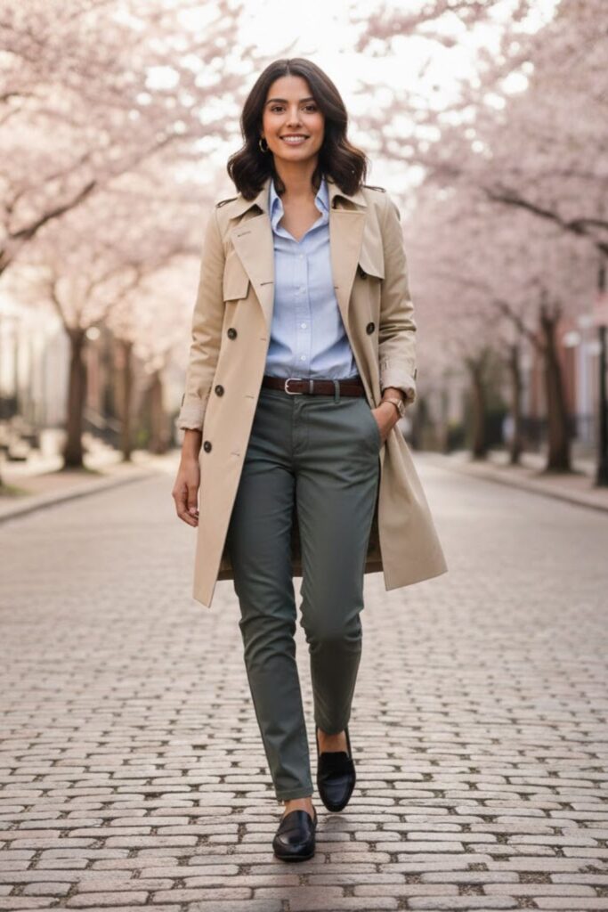 4. Trench Coat with Slim Pants and Button-Up Shirt