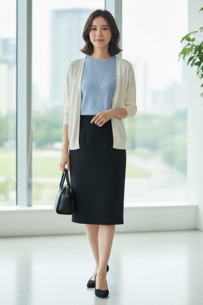 5. Knit Top with Pencil Skirt and Cardigan